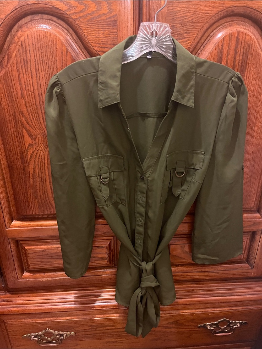 Hype Olive Green Tie-Front Utility Blouse